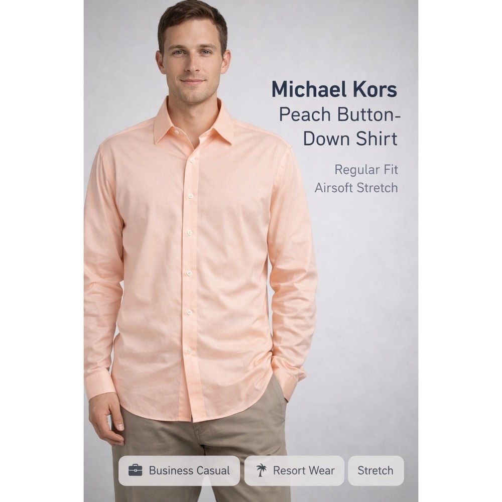 Michael‎ Kors Button Down Shirt Mens XL Peach Airsoft Stretch Regular Fit